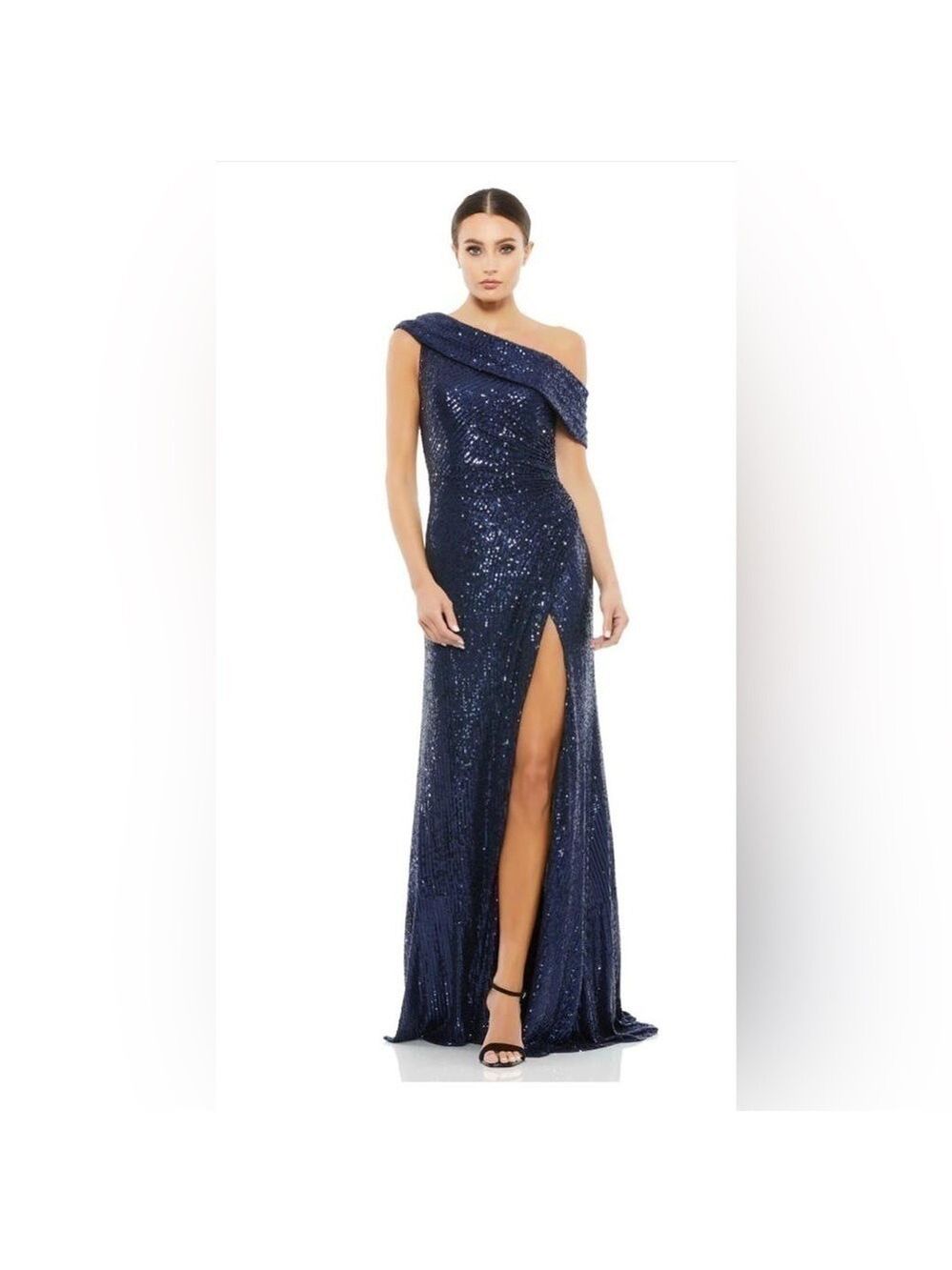 Nwt Ieena for Mac Duggal One Shoulder Ruched Sequined Gown in Midnight